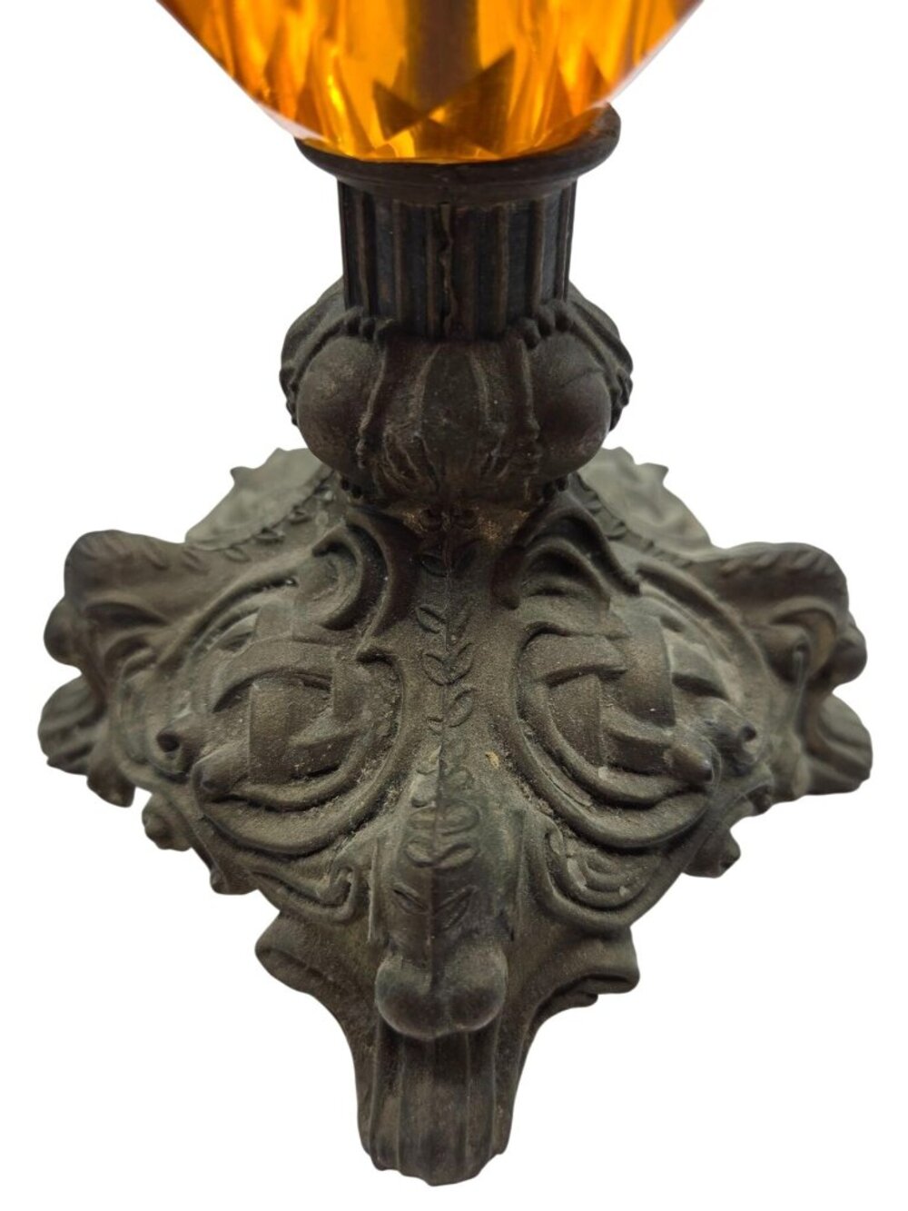 Vtg Hollywood Regency Cast Metal Amber Glass Candle Holders Pair Tulip Top 8" - Picture 6 of 12